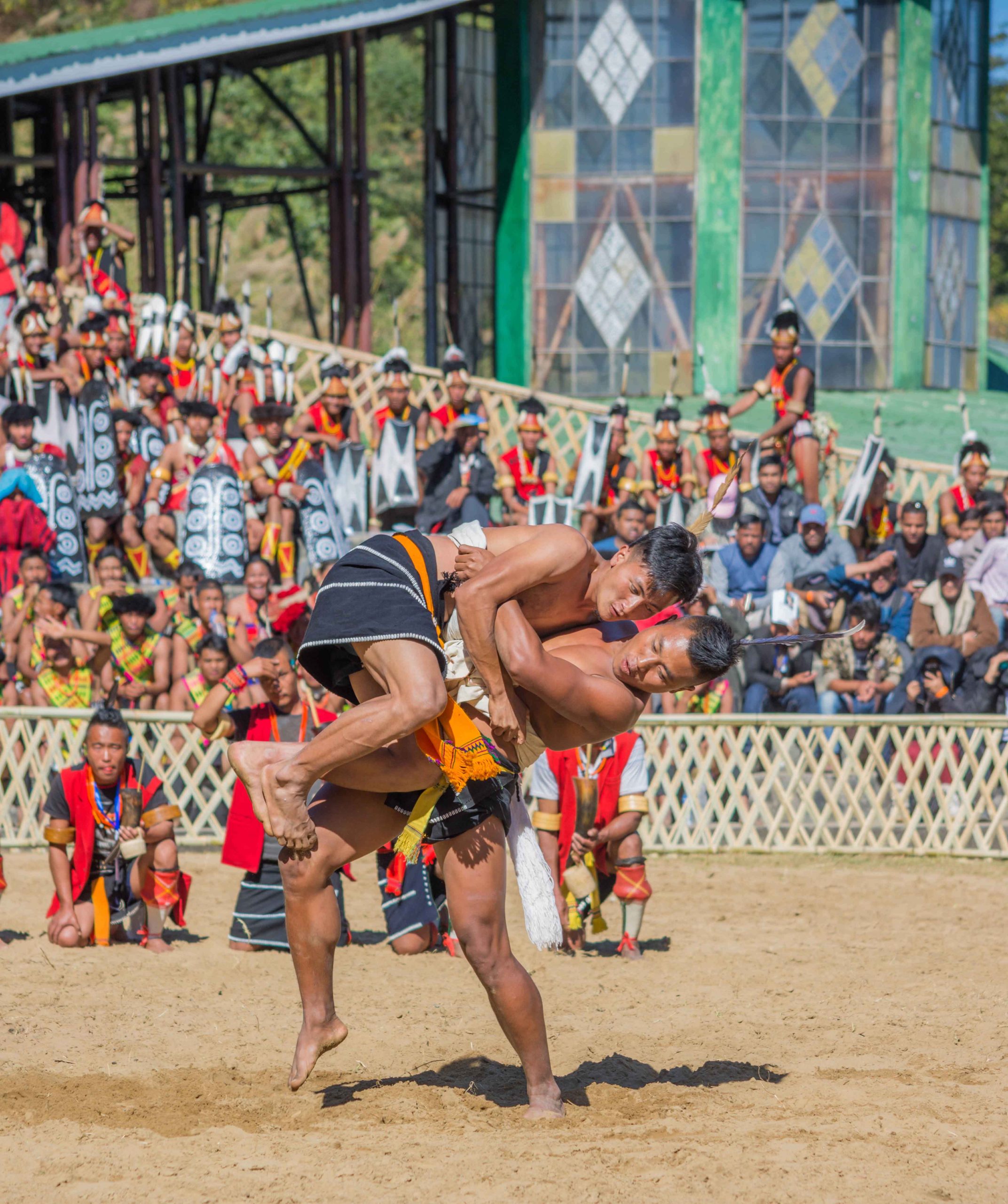 Traditional Naga wrestling at Nagaland Hornbill Festival